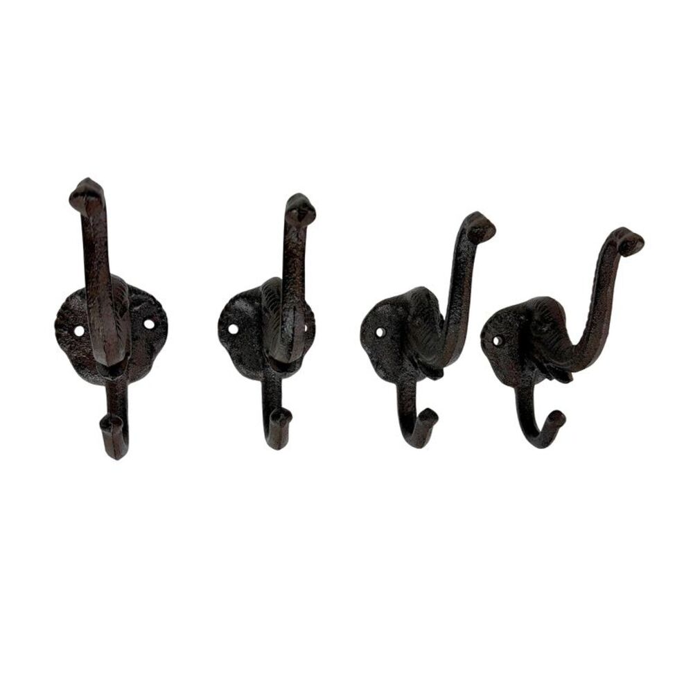 Set of 4 Elephant Wall Hooks Rustic Cast Iron Brown 5 in Decorative